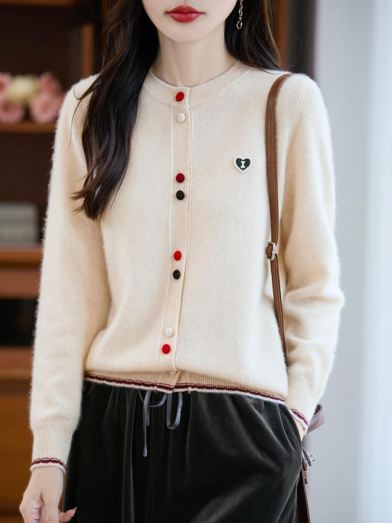 Designer Color Block Wool Cardigan - Heart Buckle, Round Neck, Versatile Casual Sweater for Autumn/Winter