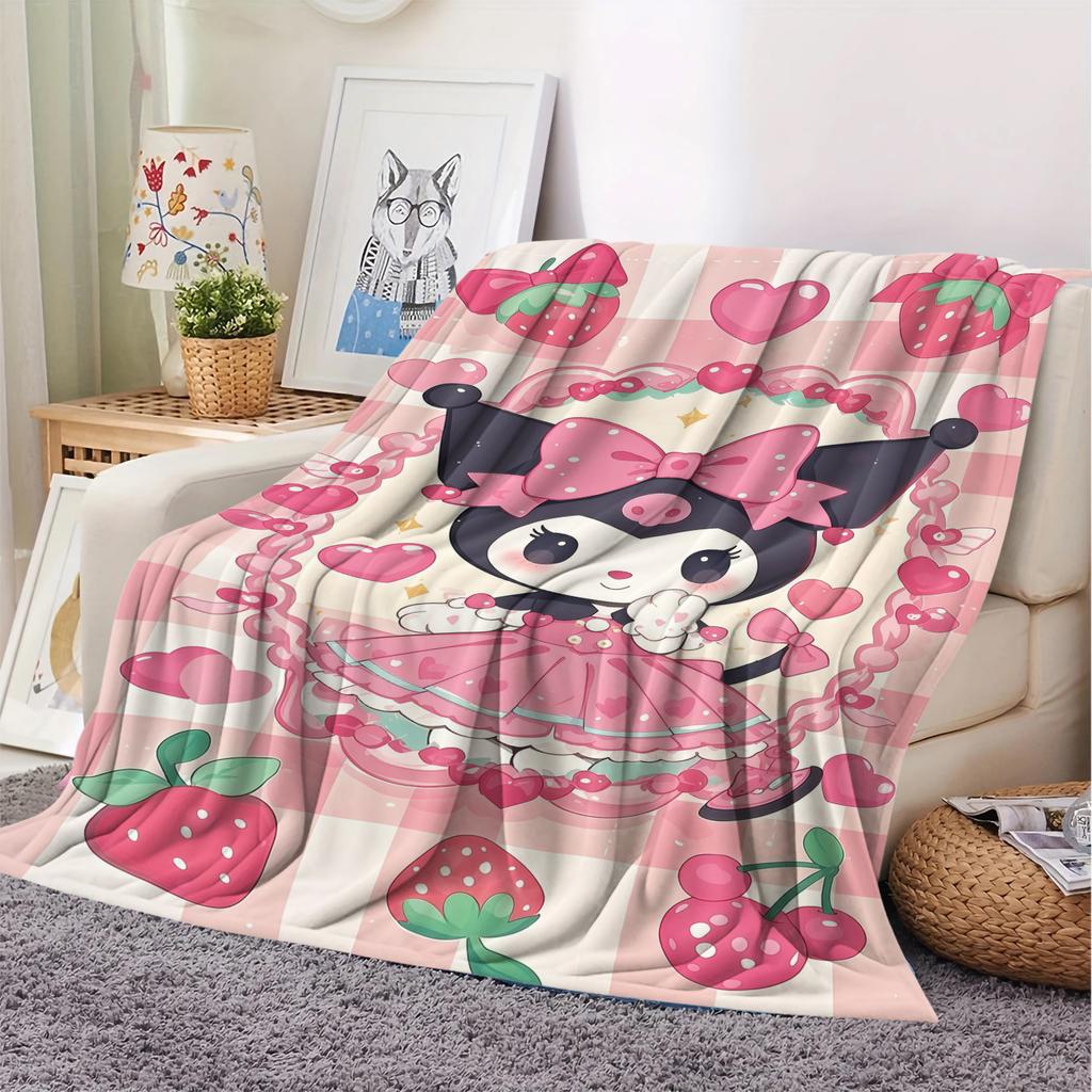 Kuromi Lightweight Cozy Flannel Blanket Cute Strawberry Cherry Heart Pattern Flannel Plush Throw for Home Bedroom Living Room