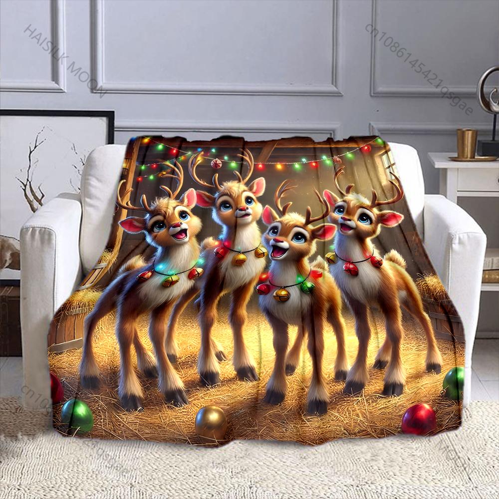 Festive Reindeer and Colorful Lights Pattern Blanket Flannel Material Soft Warm for All Seasons, Home Outdoor Camping Picnics RV