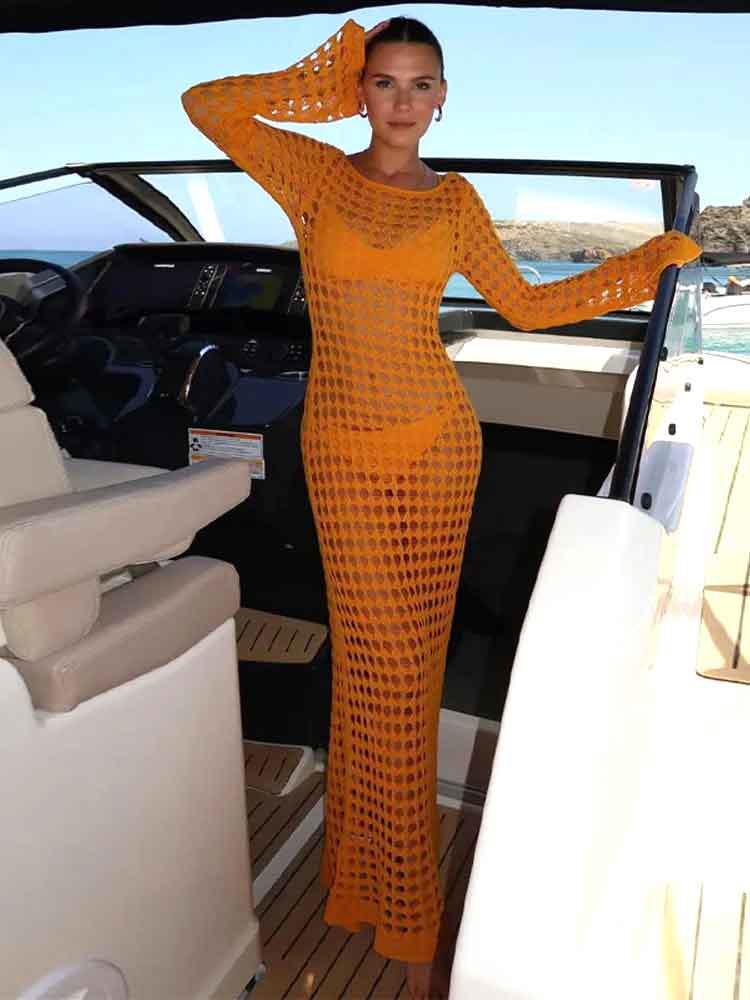 EDOLYNSA Sexy Cut Out Bell Sleeve Solid Knit Crochet Beach Maxi Dress 2024 Women Summer Chic Swimsuit Cover Up Elegant Party Outfit K23