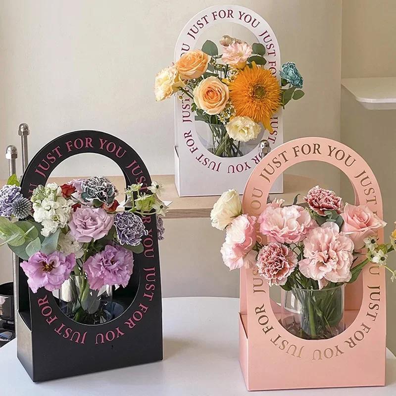 Valentine's Day Hollow Folding Handheld Flower Basket Simple Flower Box Paper Handbag Mother's Day Gift Flower Arrangement Box