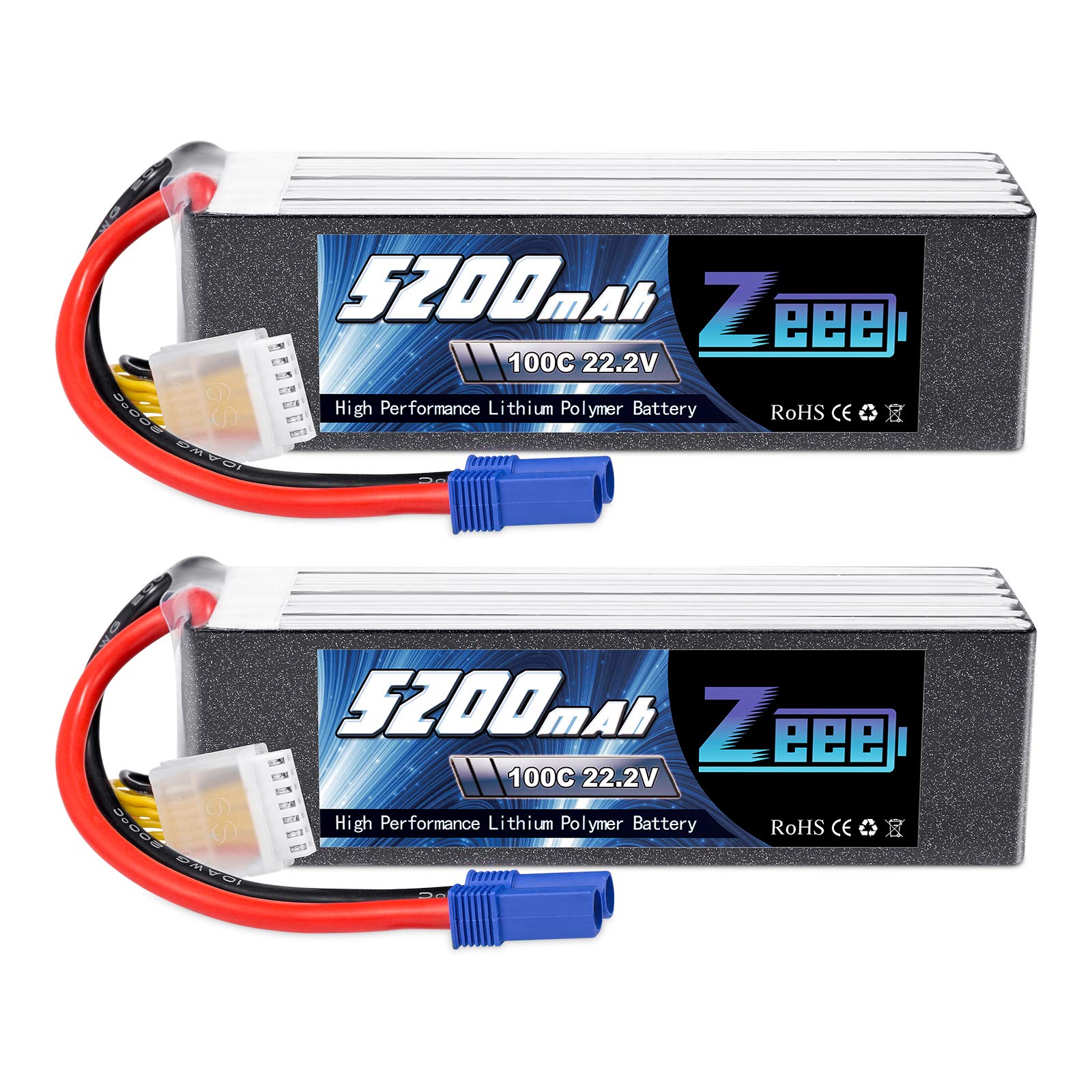 

Zeee Zeee 6S Lipo 22.2V 100C 5200mAh Ліпо високої ємності з роз ємом EC5 Ліпо великої ємності для радіокерованих автомобілів, радіокерованих продуктів, дронів тощо. 2 упаковки