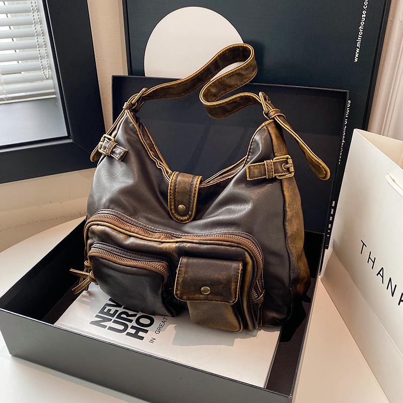 Women's Fashion Washed Old Spice Girl Locomotive Bag Multi-pocket Japanese and Korean Trend Shoulder Bag