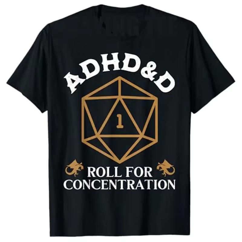 Retro ADHDD Roll for Concentration DnD Mens and Womens Tshirts RPG Game Player Pattern Set Fun Tshirt Short Sleeve Shirt