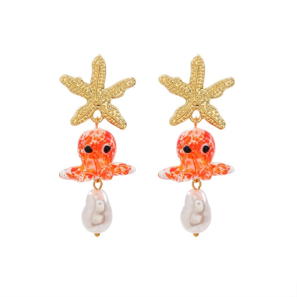 Personality Colored Glaze Starfish Earrings Conch Octopus Starfish Star Dangle Earrings Festival