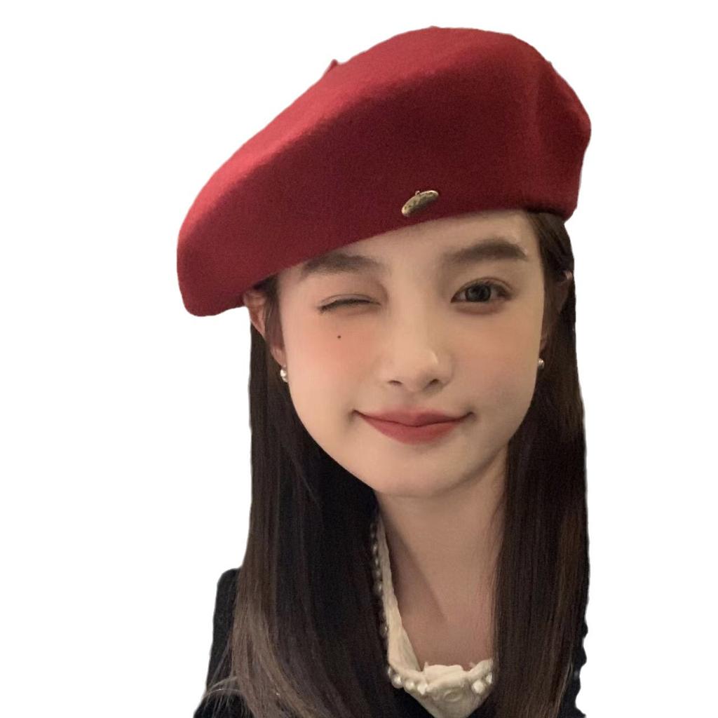 Autumn And Winter Metal Standard Wool Beret Female Korean Version Literary And Retro Painter Hat Showing Face Small Cloud Hat