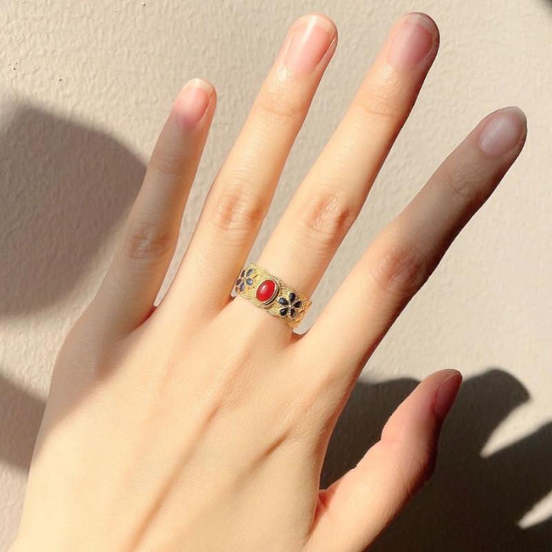 Style Ethnic Artistic Adjustable Ring For Women With Distinctive Copper And Enamel Design