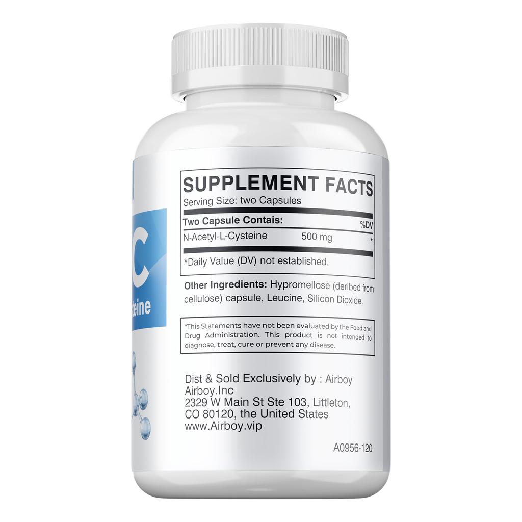 Airboy NAC Supplement, 500mg, sulfur-containing amino acid extract, immune health support.
