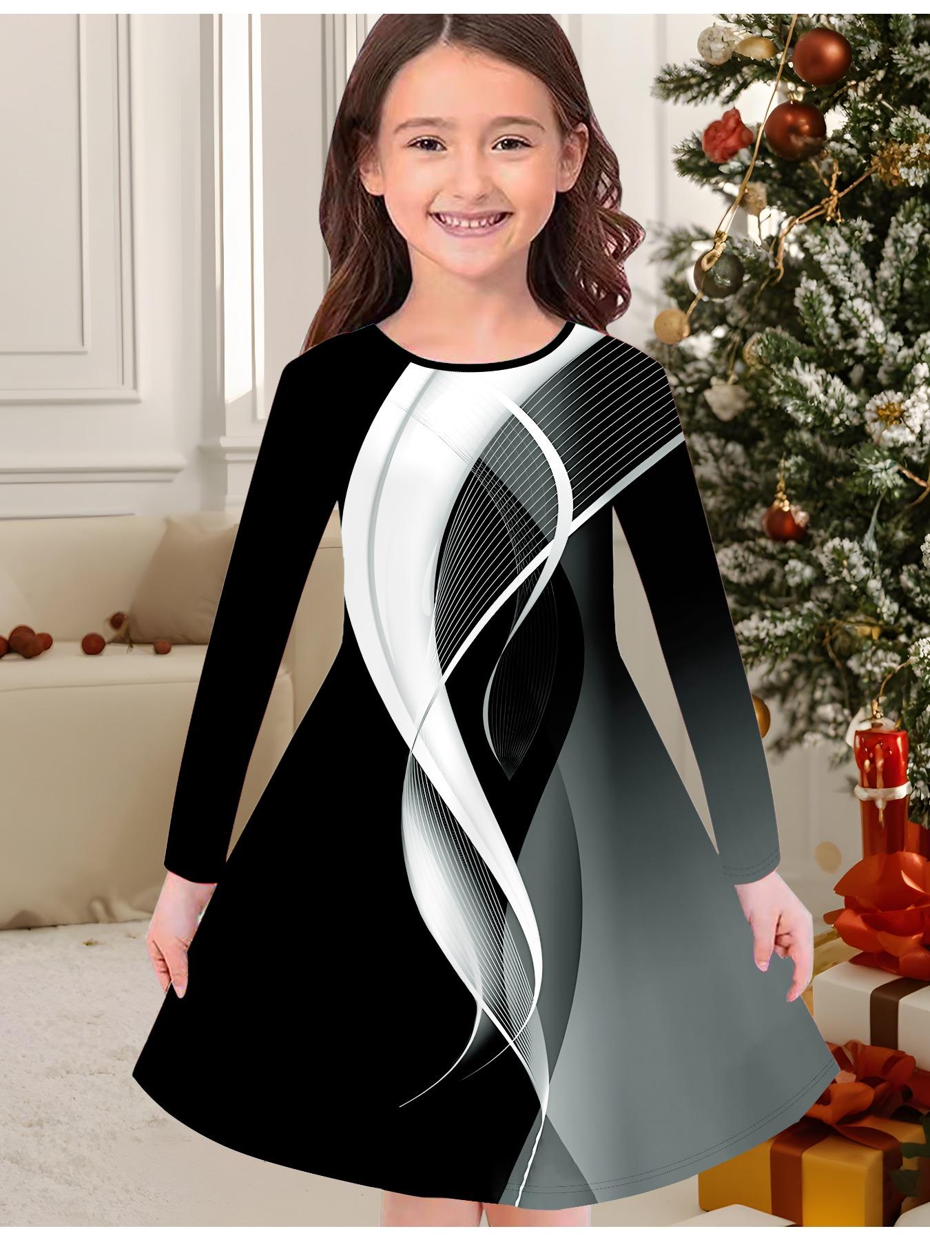 

Girls Autumn and Winter Fashion Dress, 3D Geometric Figure Print Round Neck Long Children s T-shirt Dress, Casual Versatile, Christmas Clothing 170 серый