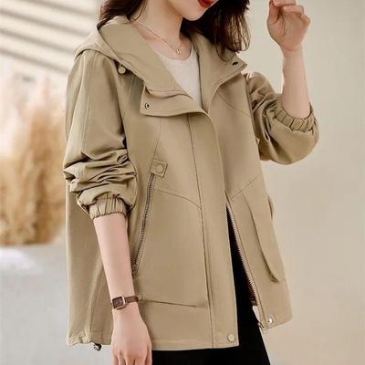 Jaqueta Feminina Curta Primavera Outono Casual com Capuz Solta Roupa Exterior Feminina Confortável Versão Coreana Casaco Trench Feminino