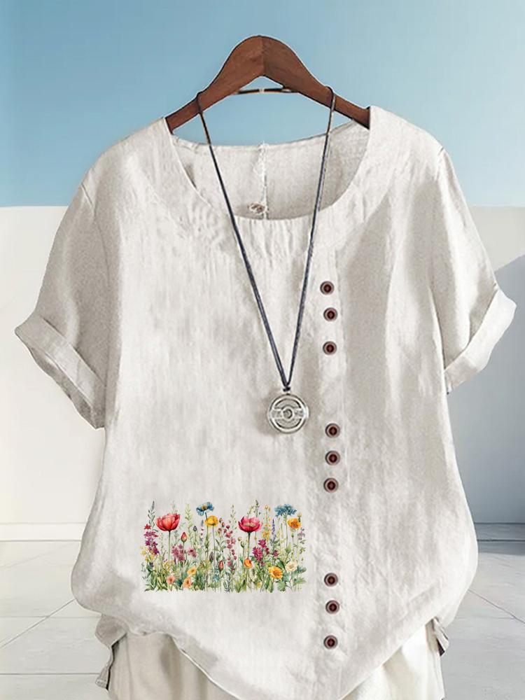 Women's Fashion Flower Bed Print Round Neck Short Sleeve T-shirt Casual Cotton Linen Graphic Shirt Leisure Loose Summer Blouse Tops