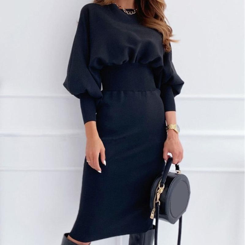 

Осеннее платье QICED, повседневное однотонное платье с поясной сумкой и круглым вырезом, хип-платье XXL