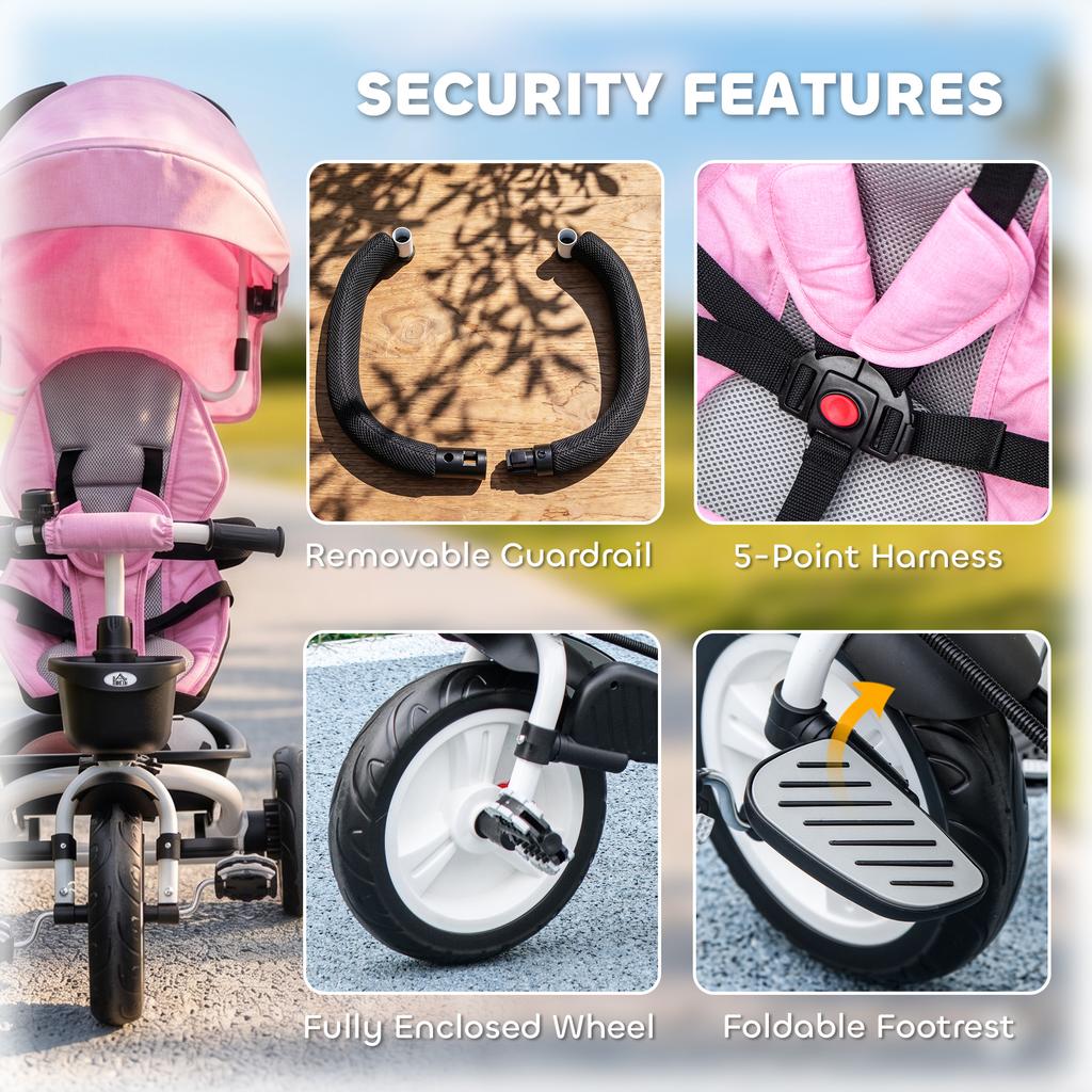 Triciclo Empujable para Bebé 6 en 1 con Manillar para Padres, Marco de Metal, para 1-5 Años, Rosa