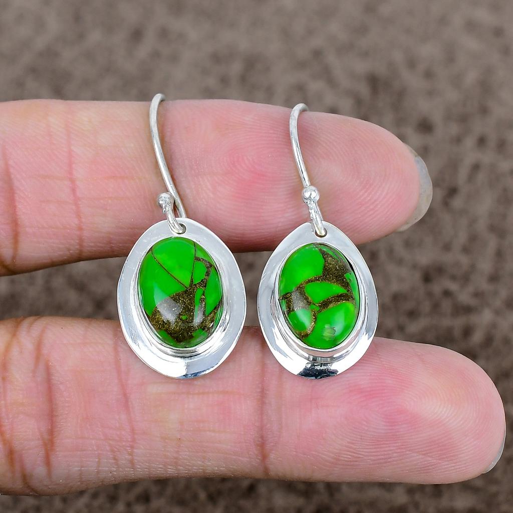 Copper Green Turquoise Gemstone 925 Sterling Silver Jewelry Earring 1.58" KKG-652