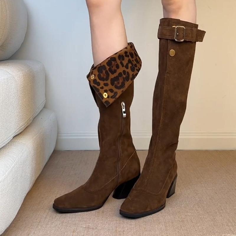 Stylish personality niche knight boots autumn and winter new two-wear belt buckle leopard print suede square head thick heel boots