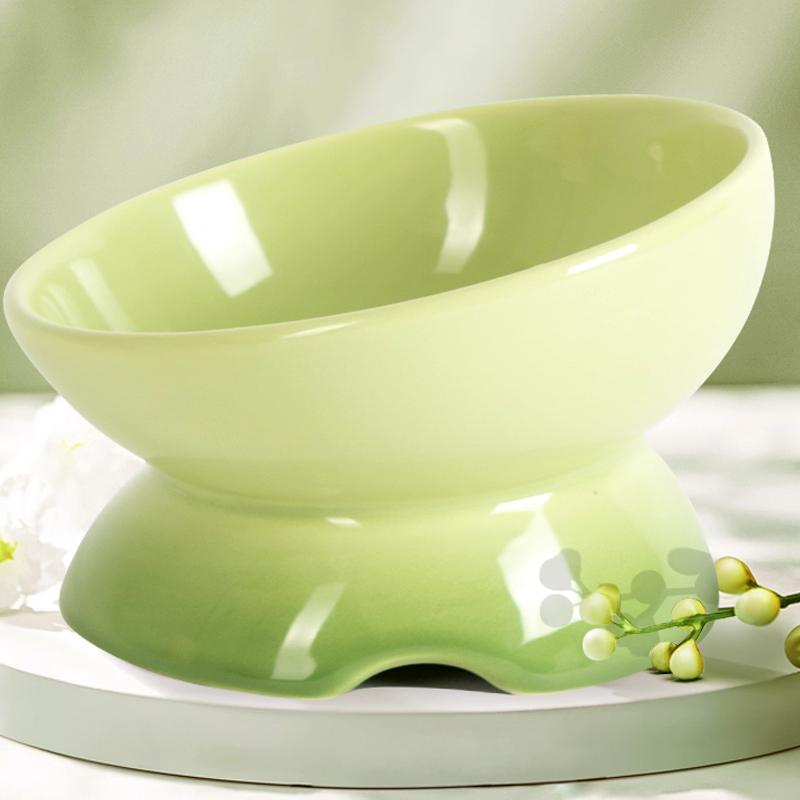 Creative Ceramic Tall Footed Bowls, Anti Overturning Neck Protection, Slanted Mouth, Gradient Color Cat Bowl, Pet Supplies , 1Pc