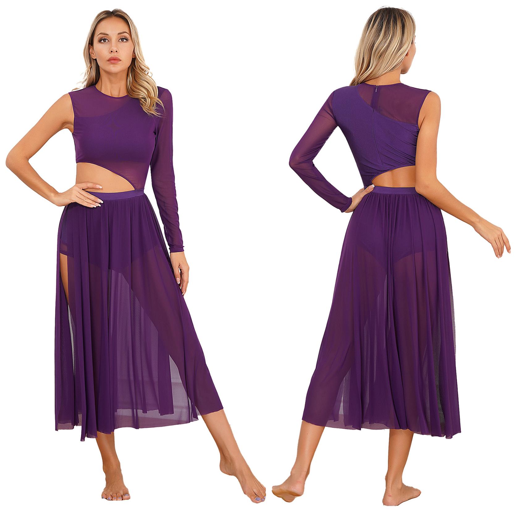 

Женские лирические танцевальные костюмы без рукавов, сетчатое тюлевое струящееся длинное платье макси, современная танцевальная одежда S фиолетовый