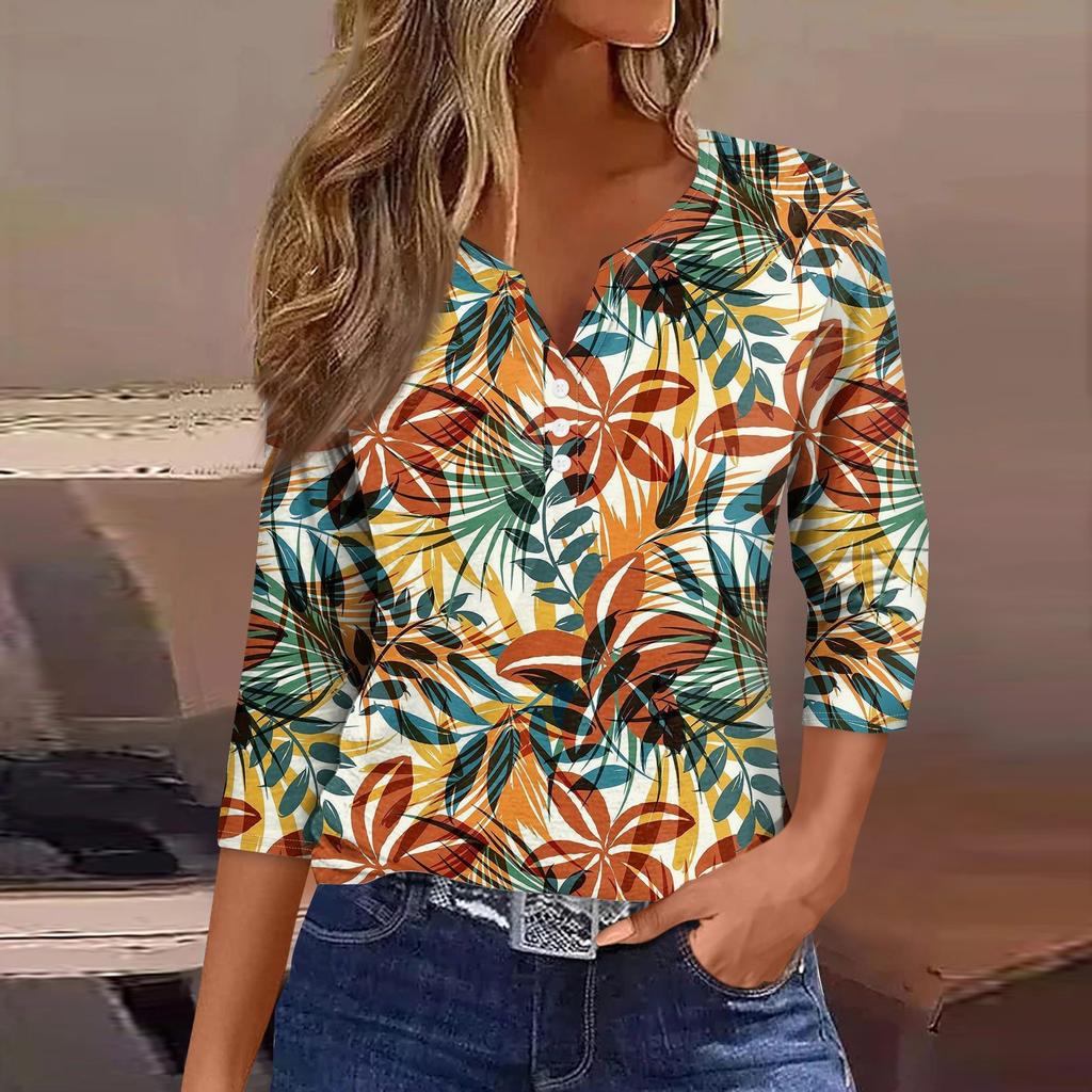 Women's T Shirt Tee Print Button 3/4 Sleeve Daily Weekend Fashion Basic V- Neck Regular Top