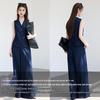 VICTORIA&VERA Women's Faux Denim V-Neck Vest & Wide-Leg Pants Set