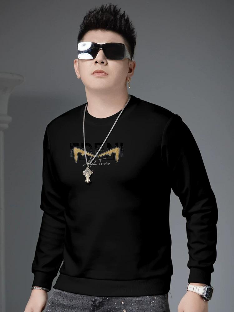 European Goods 2025 Autumn New Trendy Brand Letters Hot Drilling round Neck Hoodie Men's Trendy Bottoming Shirt Long sleeve Top Men