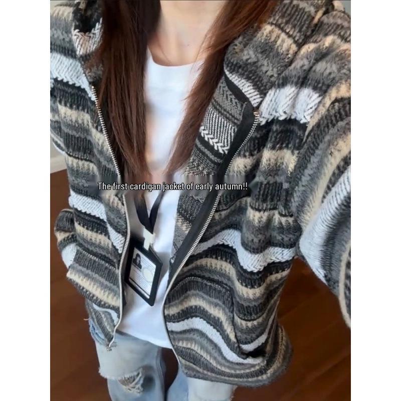 2026 Trendy National Tide Brand Striped Knit Sweater Hoodie for Couples