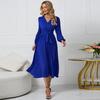 2022 European & American Slim Fit V-Neck A-Line Dress with Belt & Pleated Long Sleeves for Women