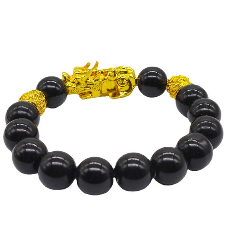 Šestimístný mantrový zlatý korálkový obsidiánový pozlacený náramek Pixiu pánský náramek v etnickém stylu šperky