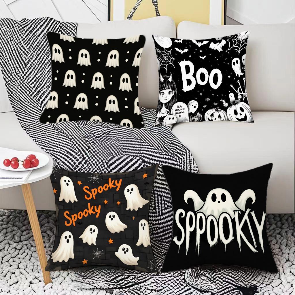 1pcs Classic Halloween Ghost Print Pillow Cover Scary Pumpkin Bat Pattern Decorative Cushion Case for Home Sofa Decoration