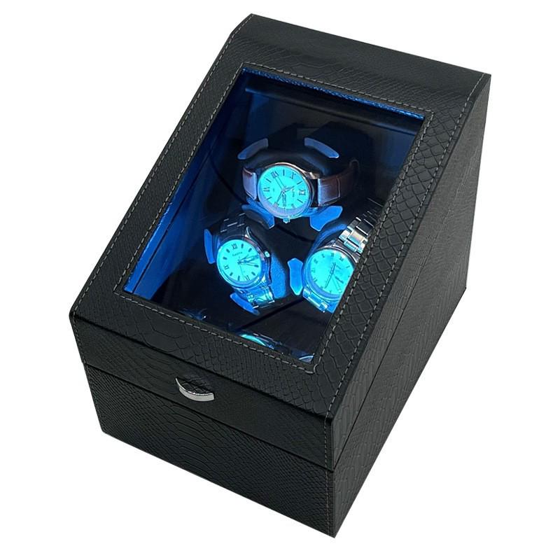 Snake Skin Pattern Leather Watch Winder: 3 Positions + 3 Storage, Auto Stop Open, 5 Ambient Light Modes