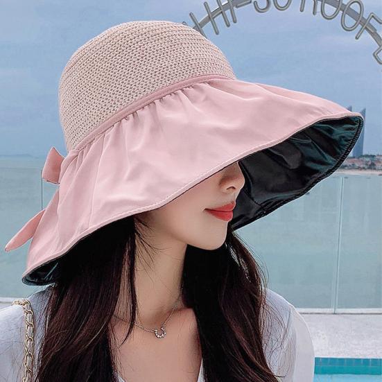 Sun Hat Large Brim Foldable Hollow Breathable Floppy UV Protection Bow Tie Decor Women Sunscreen Summer Hat Beach Cap for Outdoor
