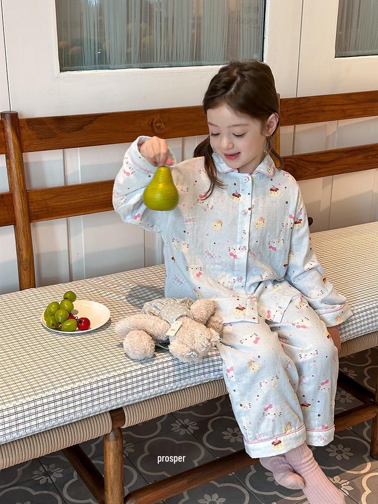 Girls' Spring/Autumn Cartoon Pajama Set – Cute Long Sleeve & Pants for Indoors/Outdoors