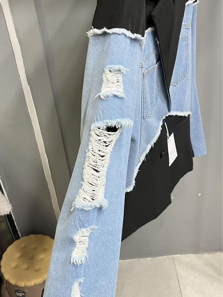 Korean Style Women's Denim Patchwork Cuffed Ripped Suit