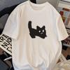 Blurry Black Cat Smiling Graphic TShirt Minimal Cute Kitten Meme Unisex Casual White Cotton Oversized Tee