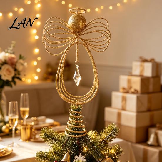 Decorative Holiday Home Accents Angel Christmas Tree Topper, Gold Glitter Metal Wire Crown Spring Base Topper Ornament for Decor And Seasonal