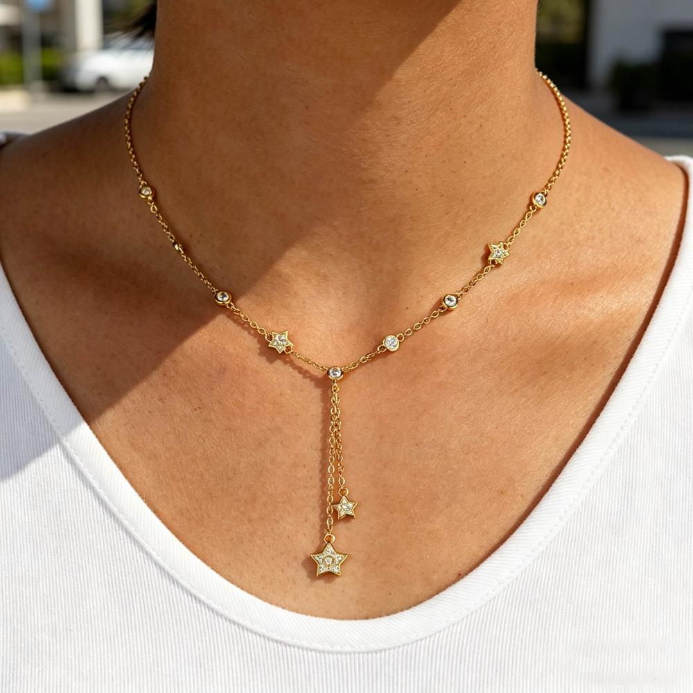 2026 New Design Thin Chain Link Star Choker Necklace Paved Iced Out CZ Zircon Tassel Chain Dangle Small Star Lariat Necklace Set