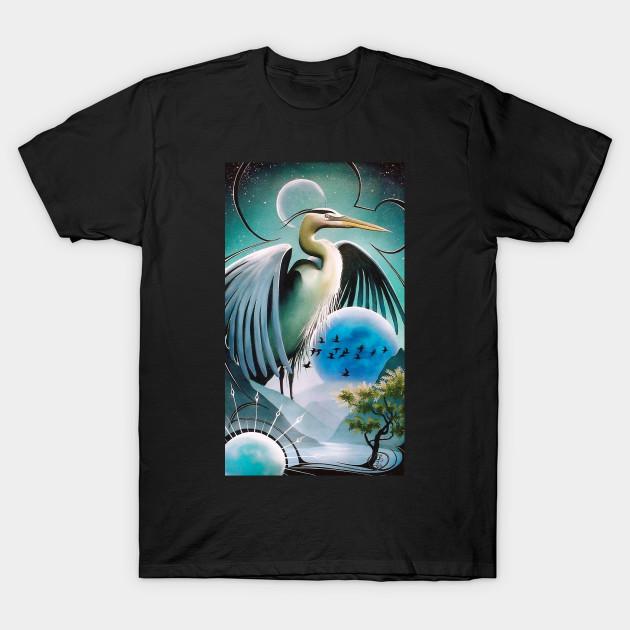 Men Black Print T-shirt The Great Blue Heron No-Cut Transfer Paper Print Cotton Tshirt S