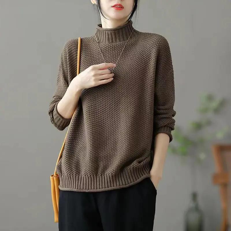 Retro Half-turtleneck Long-sleeved Sweater Women's Bottoming Shirt Tops Autumn and Winter Loose Sweater Women