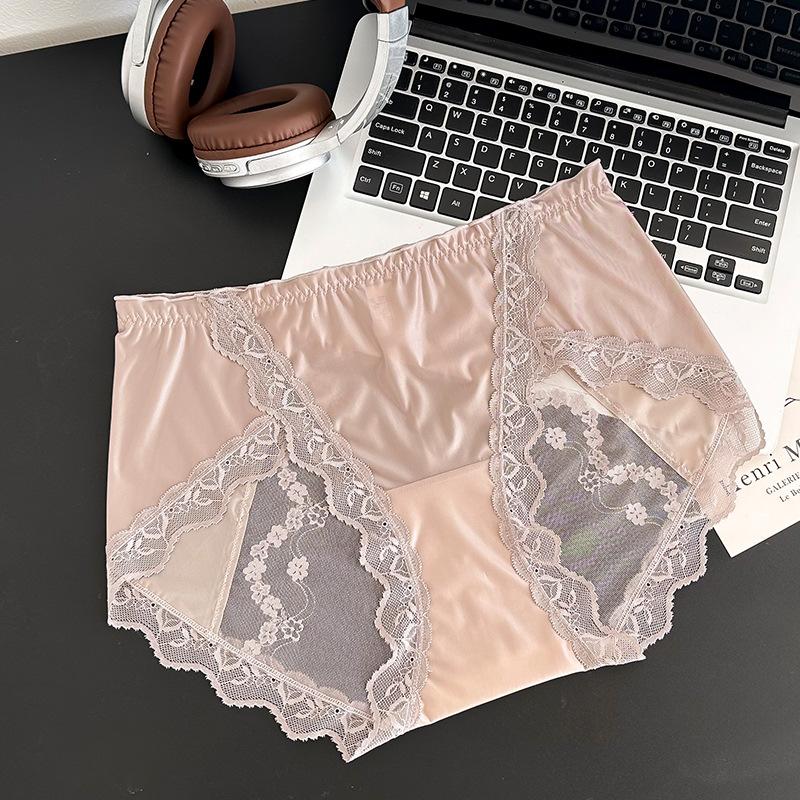 Plus Size Ladies Summer Thin Sexy Lace Bow Translucent Cotton Crotch Triangle Briefs