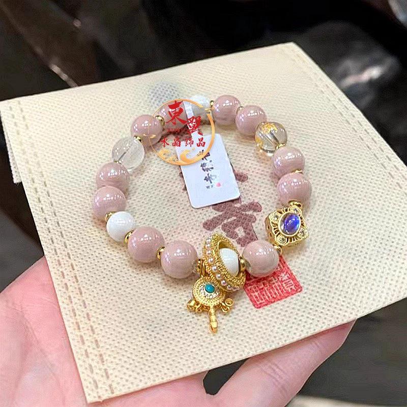 Gray-Pink Ceramic Beads Bracelet with White Heart & Six-Character Mantra, Glazed Gold Foil Accents for Luck