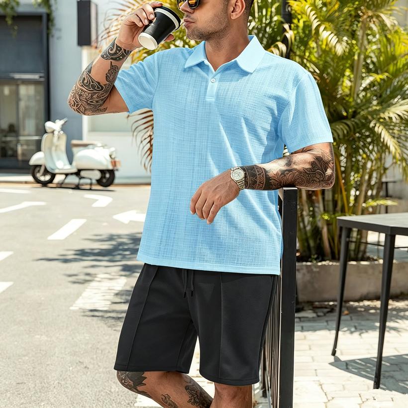 Summer Men Matching Outfit Sets Grid Texture Short Sleeve Polo Shirts Elastic Drawstring Casual Shorts Daily Beach Vacation Two Piece Tracksuit