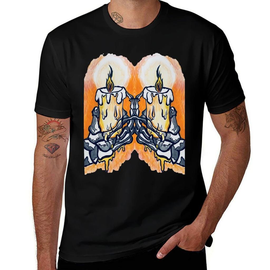 Melting Candles On Skeleton Hands Tshirt Holiday Casual Short Sleeve Top