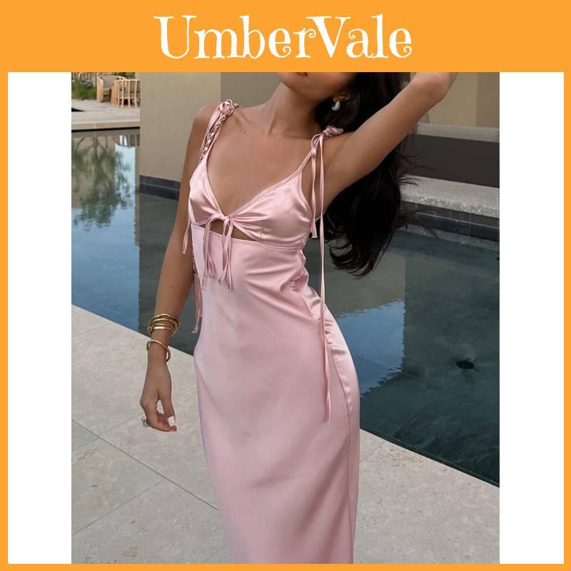 Summer Pink V Neck Slip Dress With Ties For Casual And Party Wear