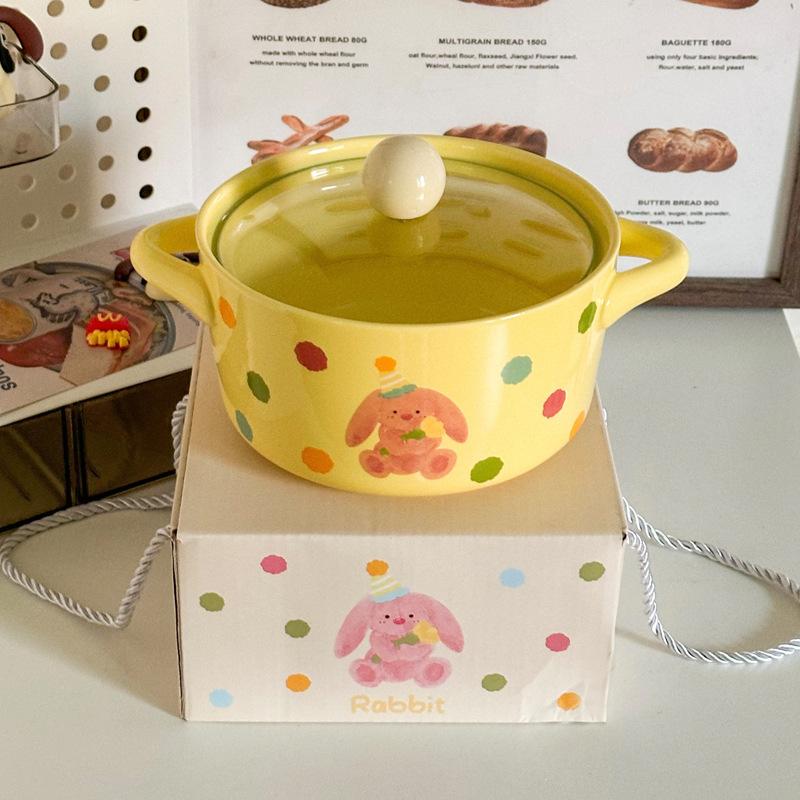 Cute Polka Dot Binaural Instant Noodle Bowl with Cover Student Dormitory Large Capacity Instant Noodle Bowl Personal Special Snail Powder Bowl