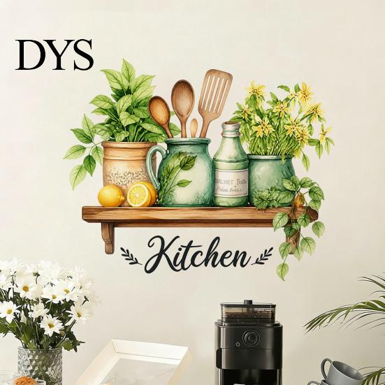 Nordic Style Wall Decor Watercolor Kitchen Stickers, Lemon Green Plant Teapot Self?Adhesive Decals, Peel Stick Mural Waterproof Stove Stickers