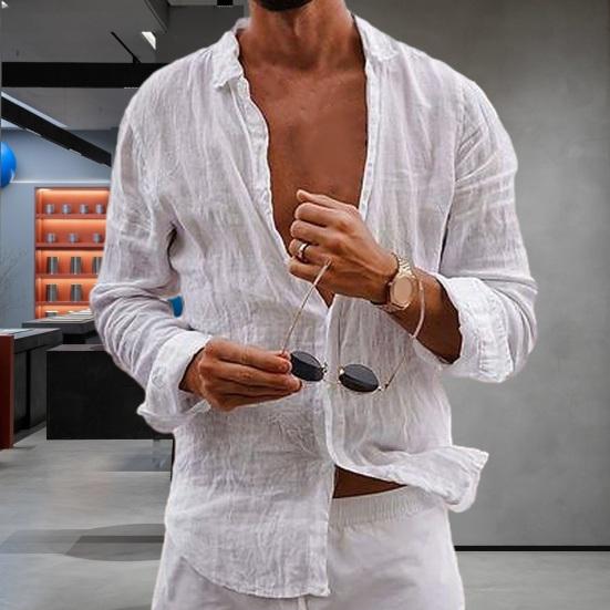 Men Lapel Long Sleeve Shirt Tops Pleated Thin Solid Color Single Breasted V-neck