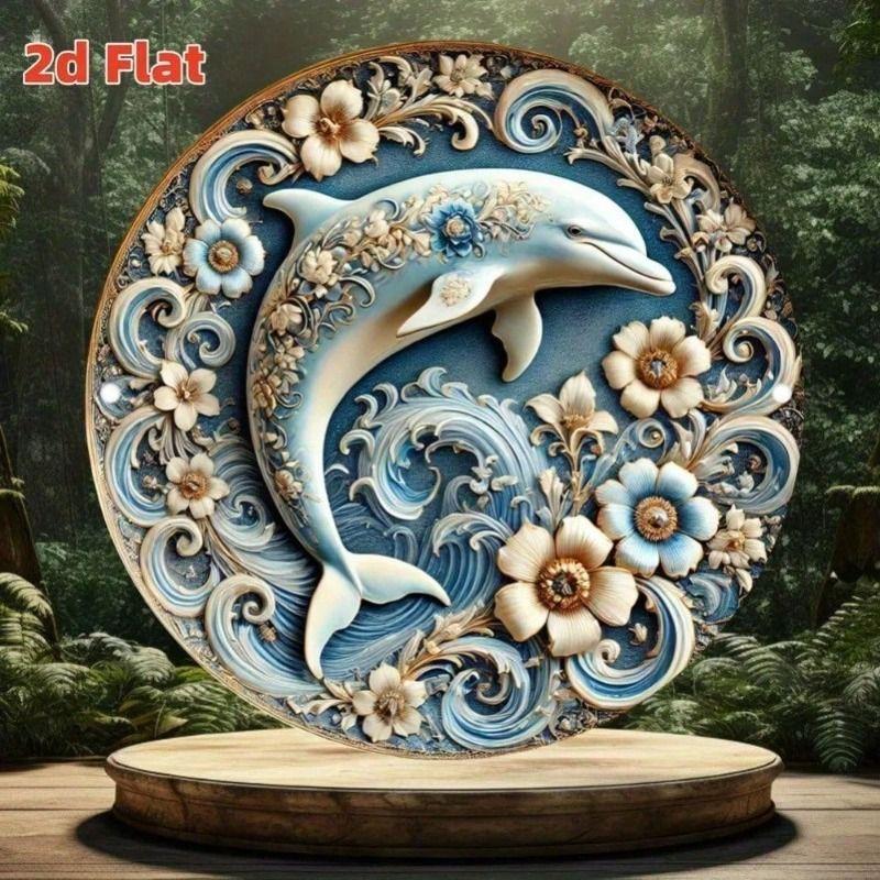Metal Poster Dolphin Flower Wreath Retro Aluminum Wall Art for Living Room