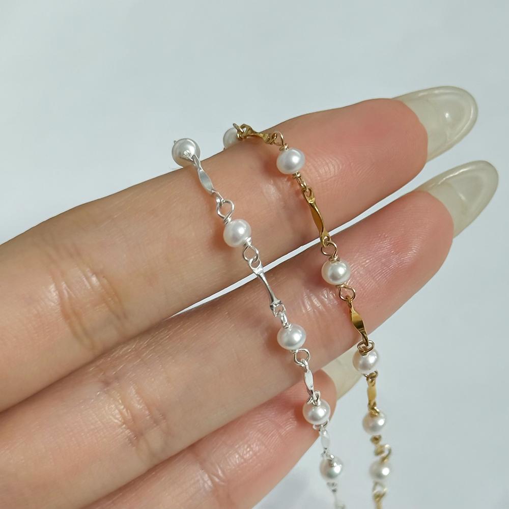 Vintage 3-3.5mm Fresh Water Pearls 14K Gold Filled Dapped Bar Chain Permanent Handmade Bracelet Jewelry Making Findings S925 Silver
