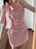 Pink Plaid Bow Neck Dress Women's Summer New Irregular Slim and Thin Sexy Hip Skirt