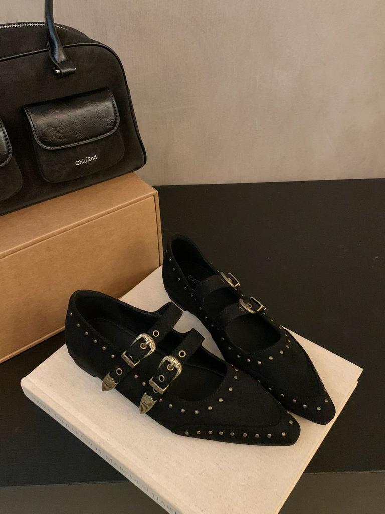 2025 new pointed suede rivets one-word with shallow mouth soft sole versatile commuter work women's shoes