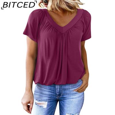 Summer New Solid Color T-shirt V-neck Short-sleeved Top for Women